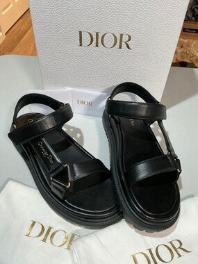 DIOR D-WAVE D black Leather Dad Flat Sandals